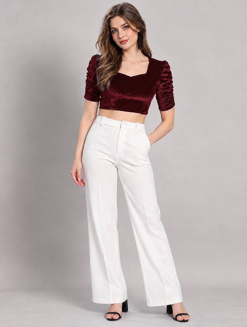Maroon solid velvet square neck with v-shaped ruched puff sleeves blouse
