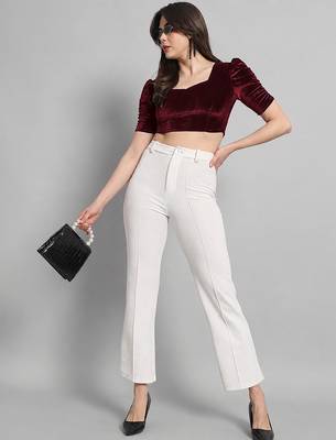 Maroon solid velvet square neck with v-shaped ruched puff sleeves blouse 5