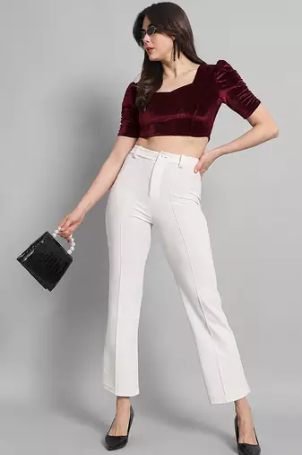 Maroon solid velvet square neck with v-shaped ruched puff sleeves blouse
