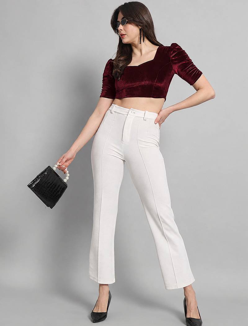 Maroon solid velvet square neck with v-shaped ruched puff sleeves blouse
