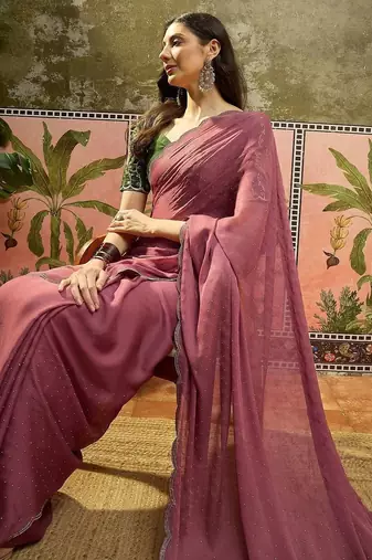 Pink embellished saree with blouse piece