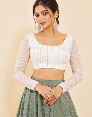 Women's white embroidered georgette square neck full sleeves readymade blouse 1