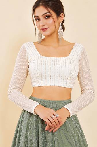 Women's white embroidered georgette square neck full sleeves readymade blouse