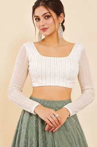 Women's white embroidered georgette square neck full sleeves readymade blouse