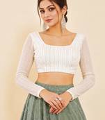 Women's white embroidered georgette square neck full sleeves readymade blouse