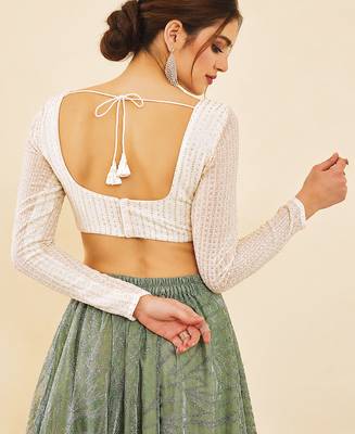 Women's white embroidered georgette square neck full sleeves readymade blouse 2