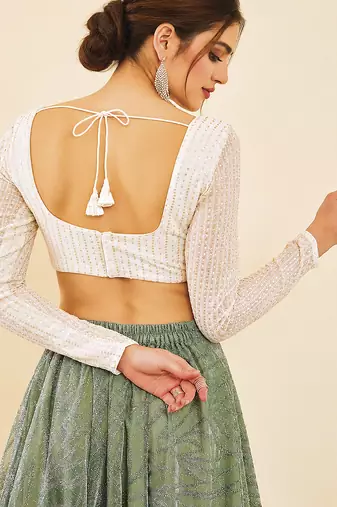 Women's white embroidered georgette square neck full sleeves readymade blouse