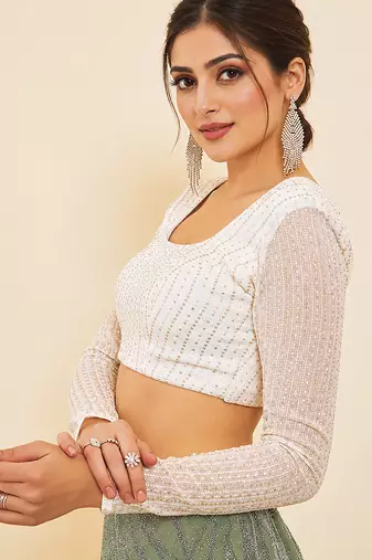 Women's white embroidered georgette square neck full sleeves readymade blouse