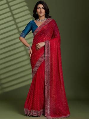 Magenta beads stones silk chiffon party sarees 1