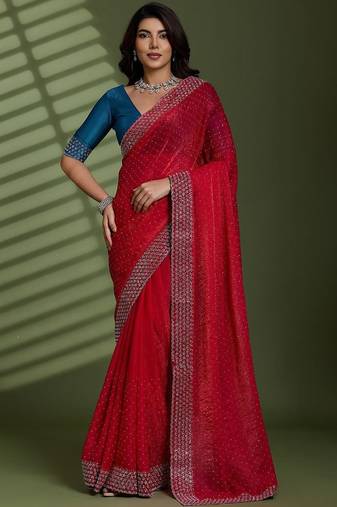 Magenta beads stones silk chiffon party sarees