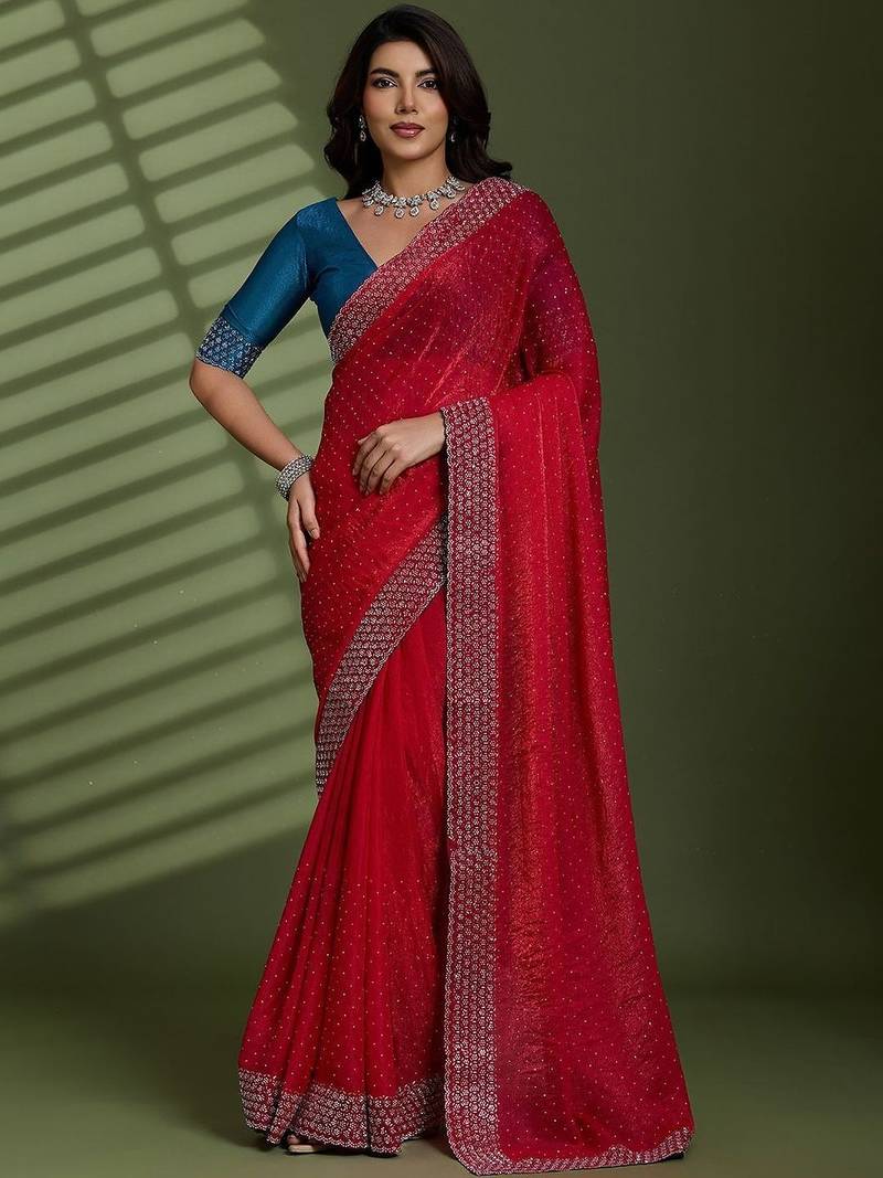 Magenta beads stones silk chiffon party sarees