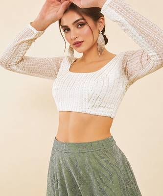Women's white embroidered georgette square neck full sleeves readymade blouse 4