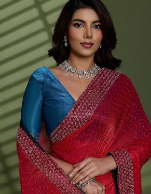 Magenta beads stones silk chiffon party sarees 2