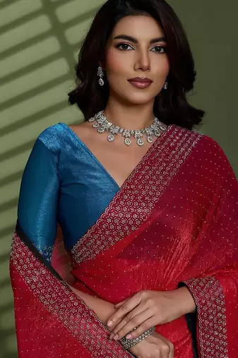 Magenta beads stones silk chiffon party sarees