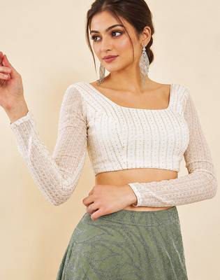 Women's white embroidered georgette square neck full sleeves readymade blouse 5