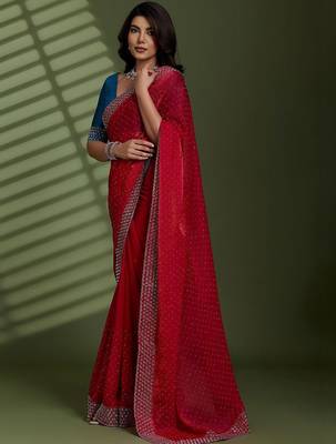 Magenta beads stones silk chiffon party sarees 3