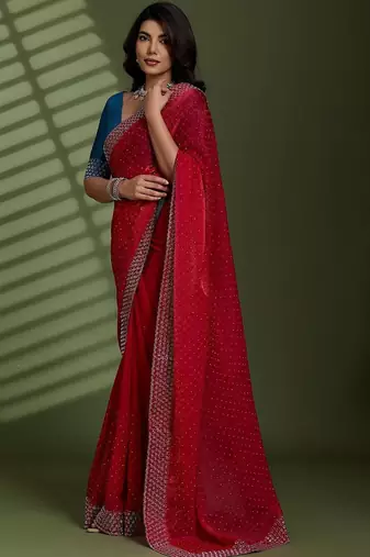 Magenta beads stones silk chiffon party sarees