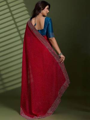 Magenta beads stones silk chiffon party sarees 4