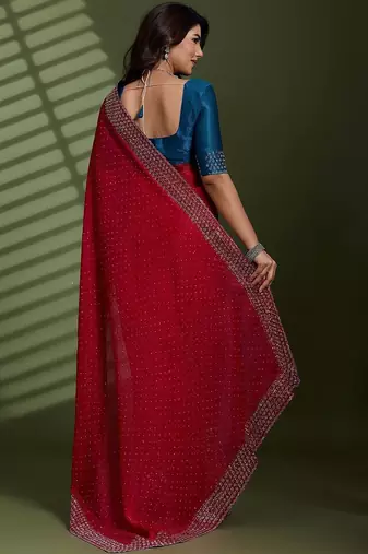 Magenta beads stones silk chiffon party sarees