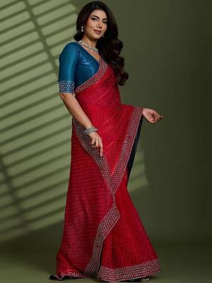 Magenta beads stones silk chiffon party sarees 5