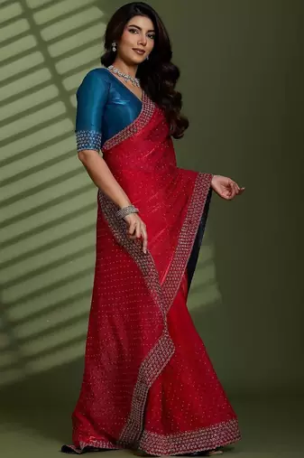 Magenta beads stones silk chiffon party sarees