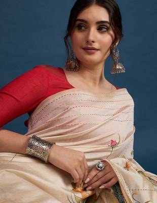 Cream floral kantha work tissue silk saree with unstitched blouse 1