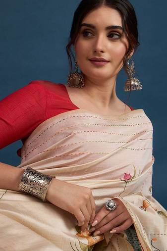 Cream floral kantha work tissue silk saree with unstitched blouse