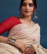 Cream floral kantha work tissue silk saree with unstitched blouse