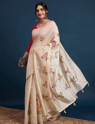 Cream floral kantha work tissue silk saree with unstitched blouse 2