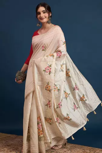 Cream floral kantha work tissue silk saree with unstitched blouse