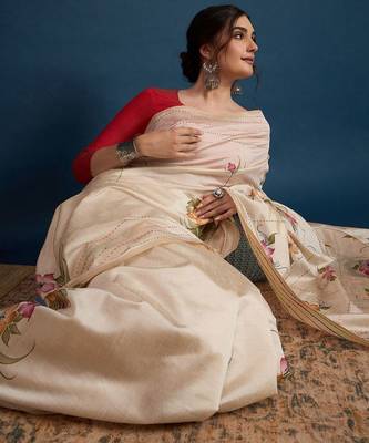 Cream floral kantha work tissue silk saree with unstitched blouse 3