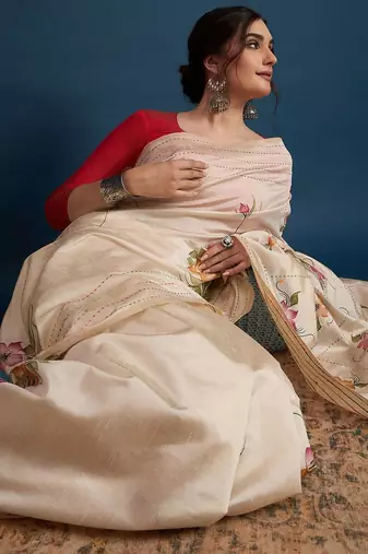 Cream floral kantha work tissue silk saree with unstitched blouse