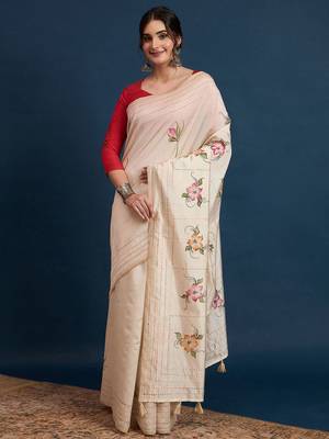 Cream floral kantha work tissue silk saree with unstitched blouse 4