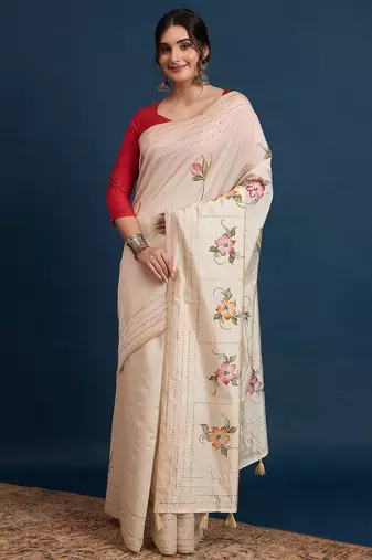 Cream floral kantha work tissue silk saree with unstitched blouse