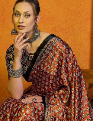Orange women rust satin  block printed saree with blouse piece 1