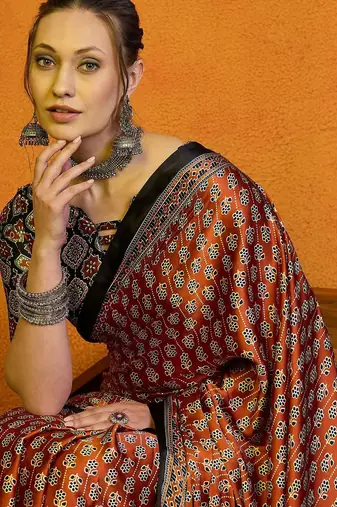 Orange women rust satin  block printed saree with blouse piece