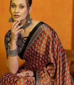 Orange women rust satin  block printed saree with blouse piece