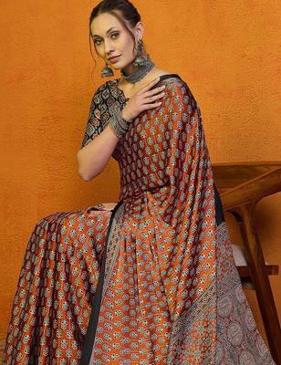 Orange women rust satin  block printed saree with blouse piece 5
