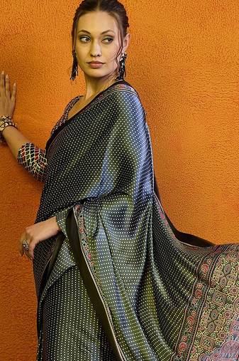 Grey block printed saree with blouse