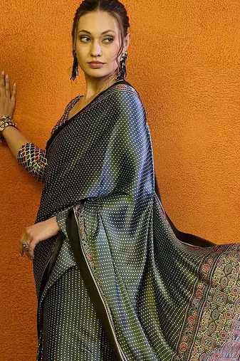 Grey block printed saree with blouse