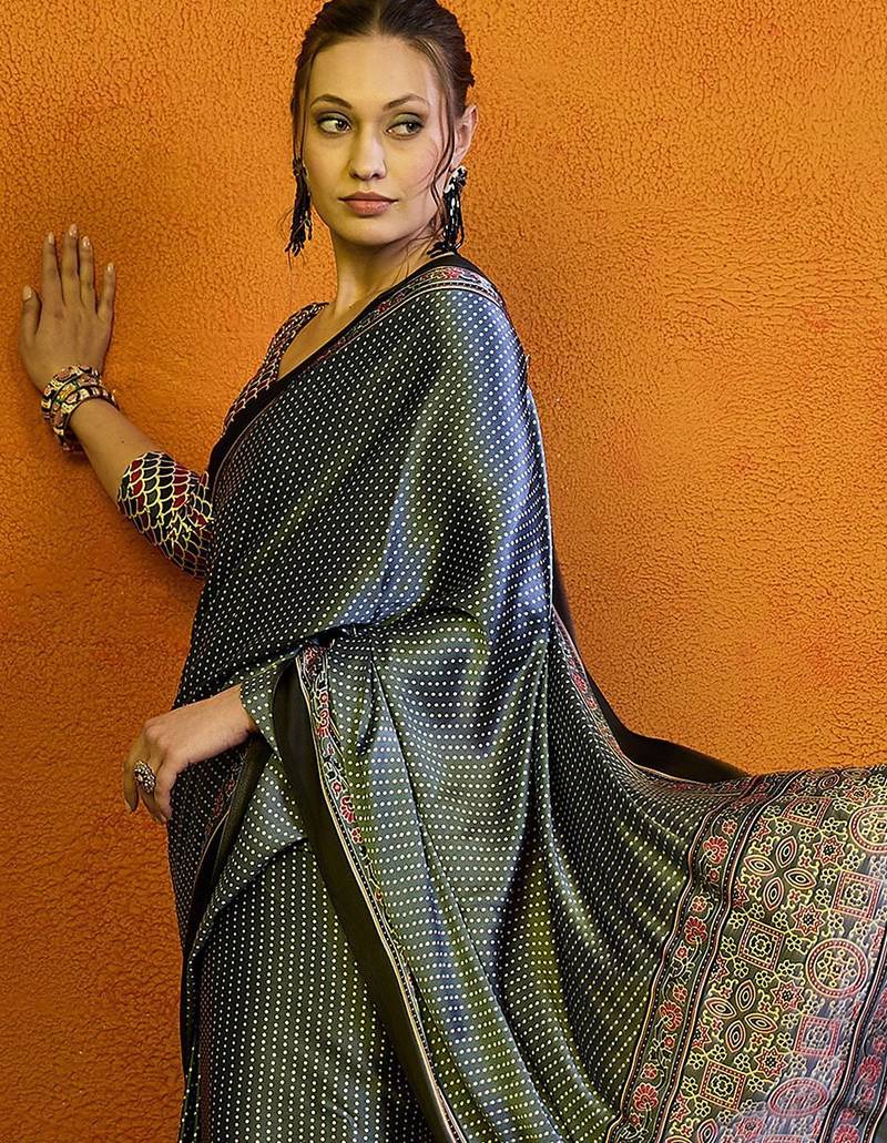 Grey block printed saree with blouse