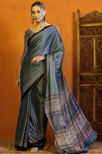 Grey block printed saree with blouse