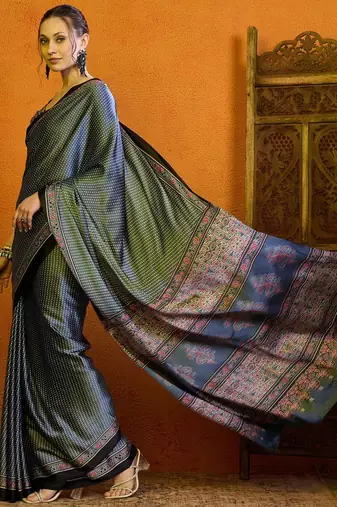 Grey block printed saree with blouse