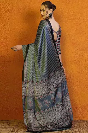 Grey block printed saree with blouse