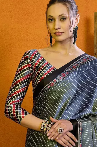 Grey block printed saree with blouse