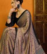 Beige striped printed satin block print saree