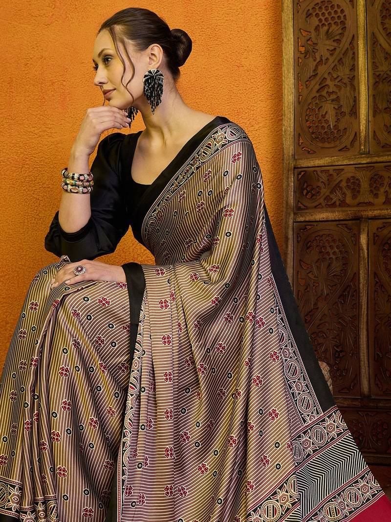 Beige striped printed satin block print saree