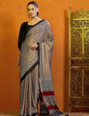 Beige striped printed satin block print saree 2