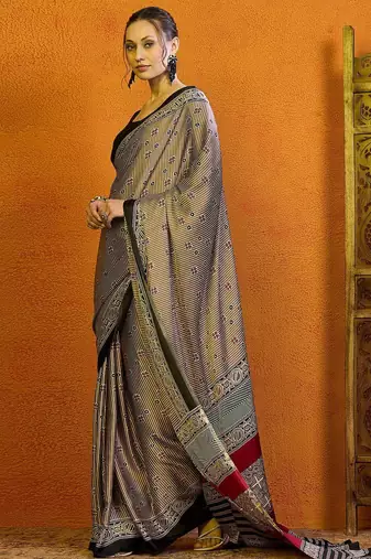 Beige striped printed satin block print saree