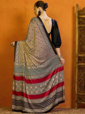 Beige striped printed satin block print saree 4